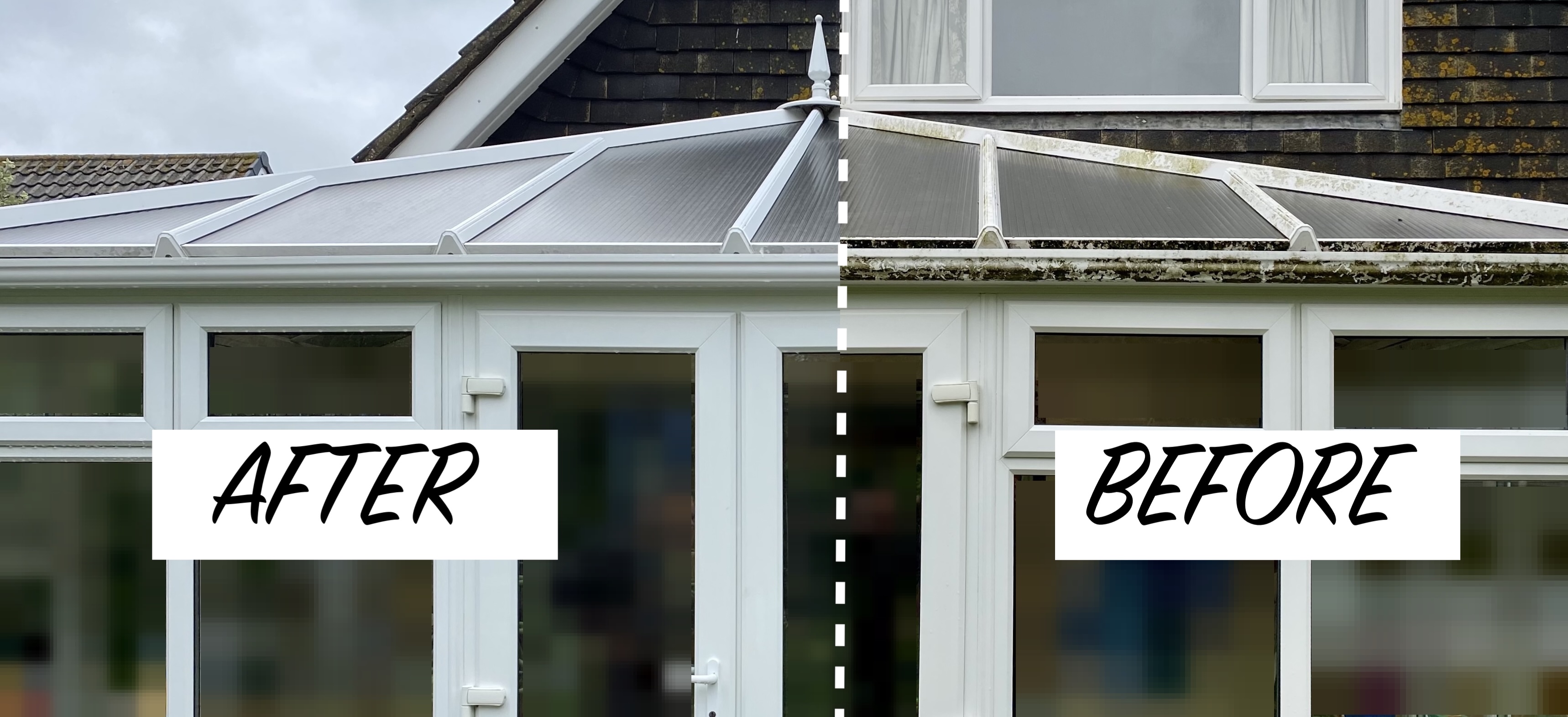 Before and after comparison of an external conservatory clean.