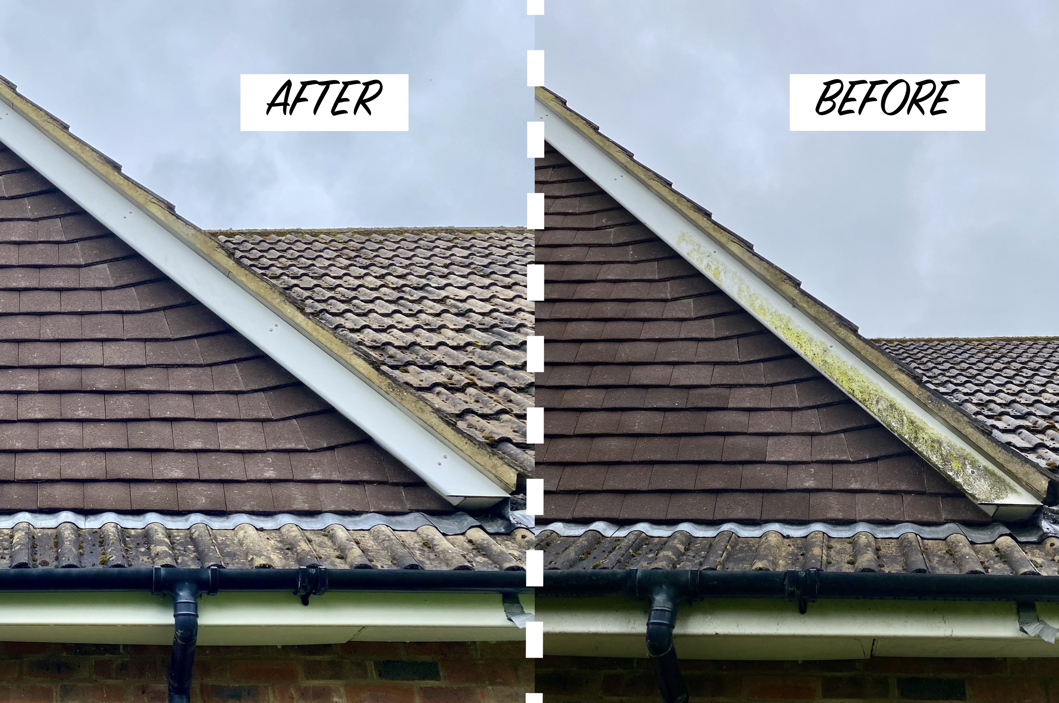 Before and after clean comparison of fascia boards on gable end of house which had been covered in green litchen and algae.